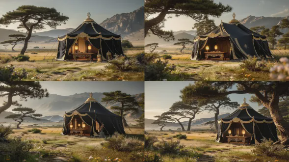 开阔的草原地形，远处有低矮山峦，近处有稀疏的古松、灌木丛，地面覆盖浅草，偶尔有零星野花点缀；围猎场中央有临时搭建的皇家帐篷（玄色镶金边，摆放宫灯、雕花木桌）；光线：自然光为主，柔光漫射，清晨/午后光线最佳，避免强光直射，凸显画面层次感；氛围：既有围猎的肃杀感，又有自然的唯美感，8k高清，唯美高级古风，细腻光影，柔光漫射，背景简约有层次，氛围感拉满，构图对称美学，浅景深，聚焦主体，无多余杂乱元素，古风氛围感，电影级布光，明暗对比柔和，画面细腻有质感，高级感留白。