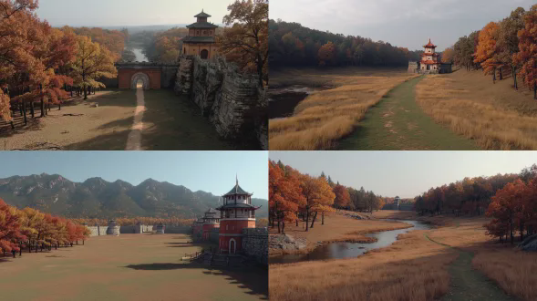 一个中国古代皇家围猎场，大远景，秋天，没有人，真实电影风格，高清晰
