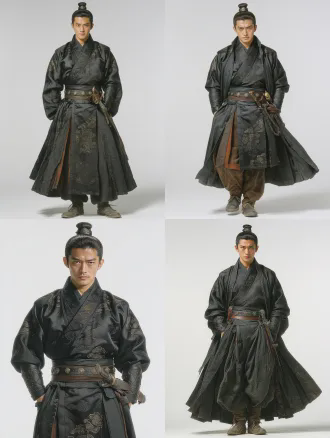 一个中国古代年轻贴身侍卫，束发，穿黑色精干衣服，正面中景，双手下垂，腰间配剑，纯白背景，真实电影风格，8k高清晰，光线柔和，