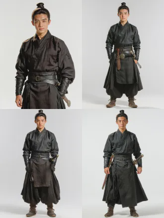 一个中国古代年轻贴身侍卫，束发，穿黑色精干衣服，正面中景，双手下垂，腰间配剑，纯白背景，真实电影风格，8k高清晰，光线柔和，