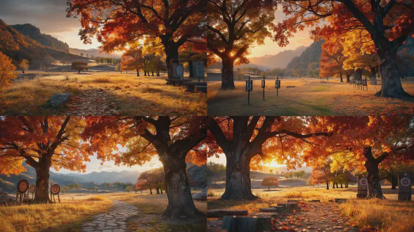 古代皇家猎场全景，深秋时节，空无一人，写实电影风格，高清画质，大师级构图与光影，真实感，广角镜头，黄昏侧光，金色枫叶，枯黄草地，废弃箭靶，萧瑟宁静，冷色调，史诗感。