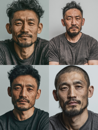 31岁中国都市男性，中景定妆照，方形脸单眼皮，眼神疲惫隐忍，皮肤真实质感有毛孔胡茬，深灰t恤黑长裤，朴素上班族气质，纯白背景，中心构图，正面视角，自然站立，电影写真风格，面部柔光，影棚光无硬影，真实纹理，中性表情，比例3:4。
