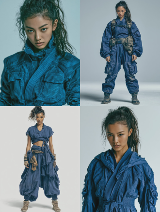 一位黄种人27岁中国女性武者正面中景定妆照，真人电影风格，电影写真质感，纯白色背景，中心构图，人物居中自然站立，身形修长矫健充满力量感，身穿深蓝色科技纹理武道训练服，黑色高马尾一丝不苟，鹅蛋脸丹凤眼眼神锐利，表情冷淡疏离，面部柔光，影棚光无硬阴影，皮肤真实质感可见细微毛孔，中性偏冷色调，比例3:4。