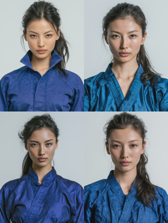 黄种人，27岁中国女性，身高168cm，体重52kg，聚气境武者，身形修长矫健充满力量感。鹅蛋脸轮廓精致，颧骨略高，下颌线条锐利带着冷峻感。丹凤眼眼尾微挑，眼神锐利如刀，带着武者特有的审视感和距离感，瞳孔深棕色。鼻梁高挺笔直，薄唇紧抿嘴角不上扬，表情冷淡疏离。皮肤真实质感，可见细微毛孔和眼下淡淡细纹，不施粉黛但肤色均匀。黑色长发高高束成利落马尾，额前无碎发一丝不苟。身穿深蓝色武道训练服，修身剪裁勾勒出武者体态，面料有科技感纹理。纯白色背景，影棚光，无阴影，全身照，中心构图，人物居中，正面视角，自然站立，中性偏冷表情。