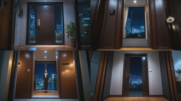一个公寓大门，门微微开个缝，里面是落地窗外的夜晚城市，近景，真实高级电影感，大师级构图布光，dc漫威世界观都市氛围，电影级摄影，真实相片质感，arri alexa拍摄，自然光影，写实都市感