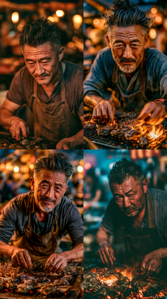 一个中国中年男子认真烤生蚝，仰视中景，身穿围裙表情专注，背景是热闹夜市烟火气，真人电影画面质感，8k高清，三分构图，大师级布光，暖色调，柔光，仰角镜头，电影摄影，景深效果，生动烟火，生活气息，写实风格，温馨情感。真人电影画面，电影质感，8k高清晰，三分构图，大师级布光构图。