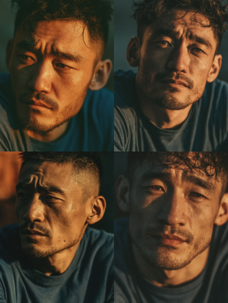 28岁中国男性的电影级正面肖像，短发微微凌乱，下颌线条分明，深棕色眼睛，眼神专注而深邃，仿佛在用眼睛倾听世界，嘴唇微抿，下巴有淡淡的胡茬，身穿简约的深蓝色棉质t恤，暖色调侧光在面部形成伦勃朗式布光，皮肤纹理清晰可见，额头有细密汗珠，表情平静但眼神充满故事感，写实摄影风格，85mm镜头，浅景深，暖琥珀色与冷灰色调结合，9：16竖屏，24帧，高细节，8k画质，轻微胶片颗粒感