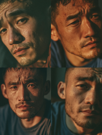 28岁中国男性的电影级正面肖像，短发，下颌线条分明，深棕色眼睛，眼神明亮专注而深邃，仿佛在用眼睛倾听世界，嘴唇微抿，下巴有淡淡的胡茬，身穿简约的深蓝色棉质t恤，暖色调侧光在面部形成伦勃朗式布光，皮肤纹理清晰可见，额头有细密汗珠，表情平静但眼神充满故事感，写实摄影风格，85mm镜头，浅景深，暖琥珀色与冷灰色调结合，9：16竖屏，24帧，高细节，8k画质，轻微胶片颗粒感