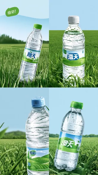 润田矿泉水商业海报，下半部分置带冷凝水珠的透明水瓶，大量留白，青绿色稻田，淡蓝色晴空，侧逆光，浅焦虚化，蓝绿低饱和色调，胶片颗粒，极简清新，8k超高清，竖版无杂物人物。