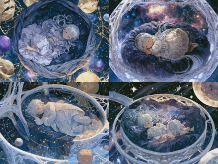 银色的宇宙梦，动漫童话风。一个银发的婴儿躺在宇宙摇篮里沉睡。