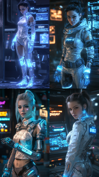 a cyberpunk - style female character, wearing a high - tech silver outfit with glowing blue accents, off - the - shoulder design, long gloves with blue light, standing in front of a futuristic digital display with "player id" and other information, dark background with neon lights.