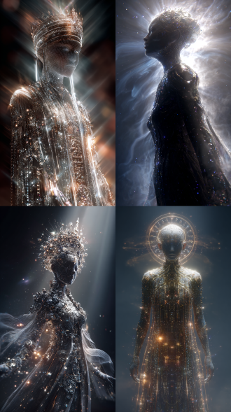 悬浮宇宙的烟雾中，全身景，由光雾粒子形成的十七岁的中国面孔的绝美女霸主，类侧影类似于十七岁的女王，由透明发光的宇宙能量构成的没有头发，整个金属头冠包裹着。浑身上下，都是金属质感的科技盔甲包裹全身，身上镶嵌这种宝石，还有很多金属的元素符号的长裙风衣，化万物生灵的流动的光线线条勾勒轮廓，深色深空背景，柔和辐射光效，超细节，照片级真实感，梦幻神秘氛围，8k，粒子特效，动态模糊，神秘氛围，深邃星空，微光反射，高对比度，hdr效果，能量波纹，流动线条，冷色调点缀暖光，超现实，虚幻引擎渲染，光线追踪