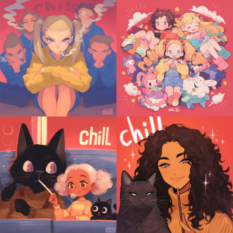 创作一幅潮流可爱风的卡通插画，采用中心构图、平视视角。画面主体为一个 q 版卡通女孩（紫色大眼睛、雀斑、白色卷发、双马尾，黄色毛衣，吃棒棒糖 ），旁边是拟人化的黑猫（黑色毛发、棕色毛衣、领结 ），周围环绕多个可爱小生物（粉色白色小猫状生物、蓝绿色小怪物、粉色趴着的生物 ）。背景为红色，带有大面积字母 “chill”。使用鲜艳明亮的色彩（红、黄、蓝紫、黑等 ），以平涂为主并结合轻微渐变，注重刻画角色表情、服饰纹理、泡泡光泽等细节，营造轻松惬意、充满童趣的氛围，呈现出潮流可爱的视觉效果