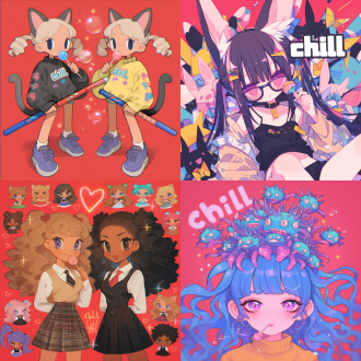 创作一幅潮流可爱风的卡通插画，采用中心构图、平视视角。画面主体为一个 q 版卡通女孩（紫色大眼睛、雀斑、白色卷发、双马尾，黄色毛衣，吃棒棒糖 ），旁边是拟人化的黑猫（黑色毛发、棕色毛衣、领结 ），周围环绕多个可爱小生物（粉色白色小猫状生物、蓝绿色小怪物、粉色趴着的生物 ）。背景为红色，带有大面积字母 “chill”。使用鲜艳明亮的色彩（红、黄、蓝紫、黑等 ），以平涂为主并结合轻微渐变，注重刻画角色表情、服饰纹理、泡泡光泽等细节，营造轻松惬意、充满童趣的氛围，呈现出潮流可爱的视觉效果