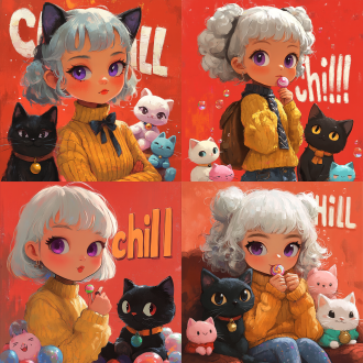 创作一幅潮流可爱风的卡通插画，采用中心构图、平视视角。画面主体为一个 q 版卡通女孩（紫色大眼睛、雀斑、白色卷发、双马尾，黄色毛衣，吃棒棒糖 ），旁边是拟人化的黑猫（黑色毛发、棕色毛衣、领结 ），周围环绕多个可爱小生物（粉色白色小猫状生物、蓝绿色小怪物、粉色趴着的生物 ）。背景为红色，带有大面积字母 “chill”。使用鲜艳明亮的色彩（红、黄、蓝紫、黑等 ），以平涂为主并结合轻微渐变，注重刻画角色表情、服饰纹理、泡泡光泽等细节，营造轻松惬意、充满童趣的氛围，呈现出潮流可爱的视觉效果