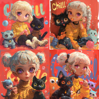 创作一幅潮流可爱风的卡通插画，采用中心构图、平视视角。画面主体为一个 q 版卡通女孩（紫色大眼睛、雀斑、白色卷发、双马尾，黄色毛衣，吃棒棒糖 ），旁边是拟人化的黑猫（黑色毛发、棕色毛衣、领结 ），周围环绕多个可爱小生物（粉色白色小猫状生物、蓝绿色小怪物、粉色趴着的生物 ）。背景为红色，带有大面积字母 “chill”。使用鲜艳明亮的色彩（红、黄、蓝紫、黑等 ），以平涂为主并结合轻微渐变，注重刻画角色表情、服饰纹理、泡泡光泽等细节，营造轻松惬意、充满童趣的氛围，呈现出潮流可爱的视觉效果