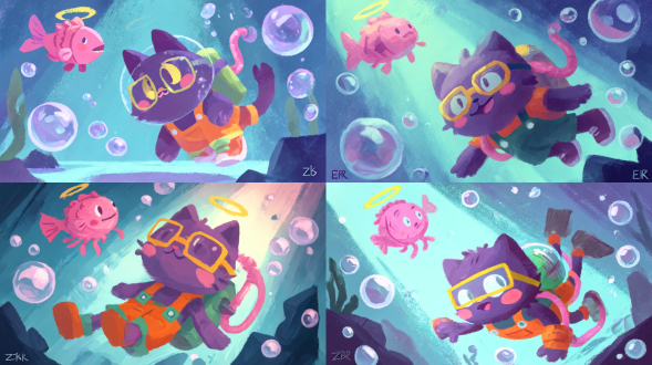 大师杰作，潮流萌系扁平插画，zxr 插画，糖果色 + 颗粒质感，干介质笔刷，拟人化潮流猫咪，在潜水，q 版圆润几何造型（圆形头、梯形身体 ），深紫色毛发 + 亮黄色渐变眼镜，穿橙绿撞色工装裤，背透明氧气罐（带粉色软管 ）。腮红圆润，嘴角上扬，耳朵带小缺口。身体呈 45° 倾斜，双手自然划动，左脚伸直、右脚弯曲。画面营造 奇幻糖果色水下世界，背景以浅蓝与粉紫渐变铺陈，模拟海水的通透与梦幻感。画面左上方，漂浮着带光环的粉色面包鱼（拟人化小生物，造型 q 版圆润 ）；四周点缀大小不一的半透明气泡，从猫咪身旁缓缓向上飘散；底部隐约可见简化处理的深色岩石轮廓。线条简洁流畅，无复杂细节，糖果色视觉冲击，轻松治愈， 奇幻童趣，治愈系插画，高分辨率，最佳品质，8k壁纸，