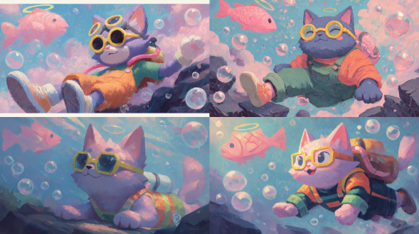 大师杰作，潮流萌系扁平插画，zxr 插画，糖果色 + 颗粒质感，干介质笔刷，拟人化潮流猫咪，在潜水，q 版圆润几何造型（圆形头、梯形身体 ），深紫色毛发 + 亮黄色渐变眼镜，穿橙绿撞色工装裤，背透明氧气罐（带粉色软管 ）。腮红圆润，嘴角上扬，耳朵带小缺口。身体呈 45° 倾斜，双手自然划动，左脚伸直、右脚弯曲。画面营造 奇幻糖果色水下世界，背景以浅蓝与粉紫渐变铺陈，模拟海水的通透与梦幻感。画面左上方，漂浮着带光环的粉色面包鱼（拟人化小生物，造型 q 版圆润 ）；四周点缀大小不一的半透明气泡，从猫咪身旁缓缓向上飘散；底部隐约可见简化处理的深色岩石轮廓。线条简洁流畅，无复杂细节，糖果色视觉冲击，轻松治愈， 奇幻童趣，治愈系插画，高分辨率，最佳品质，8k壁纸，