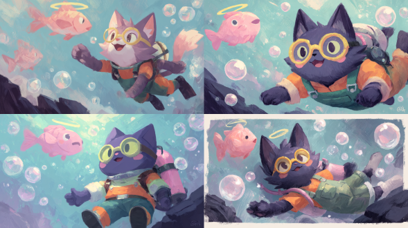 大师杰作，潮流萌系扁平插画，zxr 插画，糖果色 + 颗粒质感，干介质笔刷，拟人化潮流猫咪，在潜水，q 版圆润几何造型（圆形头、梯形身体 ），深紫色毛发 + 亮黄色渐变眼镜，穿橙绿撞色工装裤，背透明氧气罐（带粉色软管 ）。腮红圆润，嘴角上扬，耳朵带小缺口。身体呈 45° 倾斜，双手自然划动，左脚伸直、右脚弯曲。画面营造 奇幻糖果色水下世界，背景以浅蓝与粉紫渐变铺陈，模拟海水的通透与梦幻感。画面左上方，漂浮着带光环的粉色面包鱼（拟人化小生物，造型 q 版圆润 ）；四周点缀大小不一的半透明气泡，从猫咪身旁缓缓向上飘散；底部隐约可见简化处理的深色岩石轮廓。线条简洁流畅，无复杂细节，糖果色视觉冲击，轻松治愈， 奇幻童趣，治愈系插画，高分辨率，最佳品质，8k壁纸，