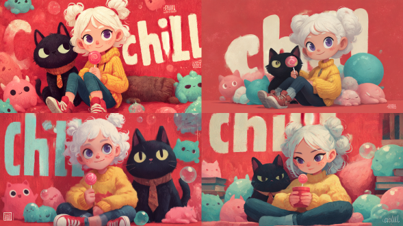 创作一幅潮流可爱风的卡通插画，采用中心构图、平视视角。画面主体为一个 q 版卡通女孩（紫色大眼睛、雀斑、白色卷发、双马尾，黄色毛衣，吃棒棒糖 ），旁边是拟人化的黑猫（黑色毛发、棕色毛衣、领结 ），周围环绕多个可爱小生物（粉色白色小猫状生物、蓝绿色小怪物、粉色趴着的生物 ）。背景为红色，带有大面积字母 “chill”。使用鲜艳明亮的色彩（红、黄、蓝紫、黑等 ），以平涂为主并结合轻微渐变，注重刻画角色表情、服饰纹理、泡泡光泽等细节，营造轻松惬意、充满童趣的氛围，呈现出潮流可爱的视觉效果