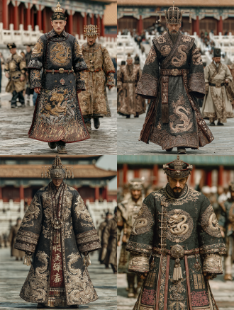 身着黑色龙袍绣金龙，十二旒冕冠，威严庄重，背景大明宫风格宫殿，宽广广场，远处青山，晴朗天空，超写实，电影级光影，8k高清，华丽威严，君临天下，俯视视角，黄金比例构图，对称式建筑，细腻材质，光影层次丰富，威严表情，帝王气场，中国传统色彩，红金主色调。