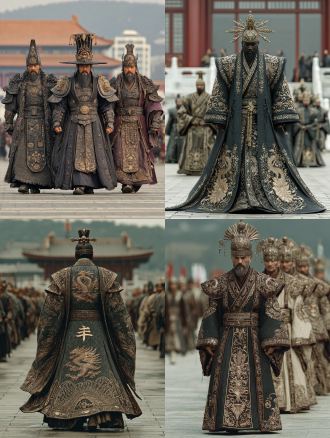 中国古代皇帝，身着黑色龙袍金线刺绣，头戴十二旒冕冠，庄严肃穆，背景为宏伟的大唐宫殿（大明宫风格），宽阔广场，远山，晴朗天空，超写实，电影级光影，极致细节，8k画质，对称构图，仰视角度，广角镜头，自然光与柔光结合，威严氛围，暖金色调，帝王气场