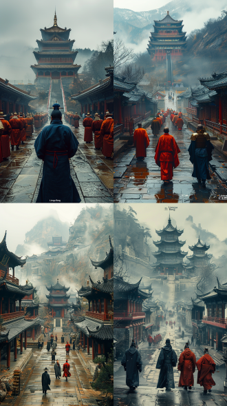 "《琅琊榜》风格梁朝皇宫庭院，灰瓦朱栏，多层楼阁环绕石板庭院与木台，远处雾霭群山，数十人着华服：绛袍官员、金甲侍卫、华丽轿辇，众人躬身行礼，电影级历史色调，胶片颗粒质感，体积光，复杂建筑细节，丝绸纹理，索尼电影镜头拍摄，8k超精细，庄严肃穆，暗调光影，对称构图，仪式感，细腻材质，古典氛围。"