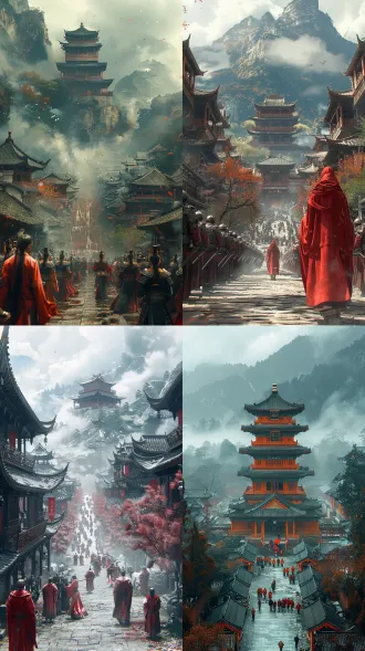 "梁朝皇宫庭院，8k超高清，琅琊榜风格，灰瓦红栏多层亭台环绕石铺庭院木平台，远处雾霭群山，数十人着华贵朝服：朱红官袍、铠甲卫兵、华丽轿辇，全体俯身行礼，电影感色调，历史氛围，胶片颗粒质感，体积光照，复杂建筑细节，丝绸纹理，索尼电影镜头拍摄，广角，低角度，庄严肃穆，典雅厚重。"