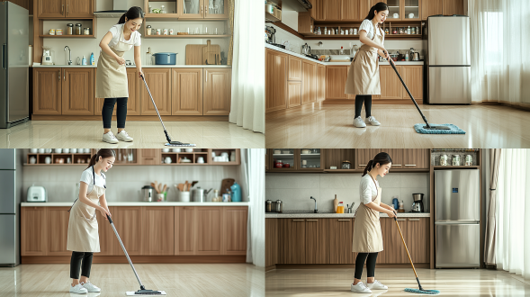 ``` a woman wearing a white top, a beige apron, black pants, and white shoes is mopping the floor in a modern kitchen. the kitchen has wooden cabinets, a stainless - steel refrigerator, shelves with bottles, and various kitchen appliances. the floor is light - colored wood. ```