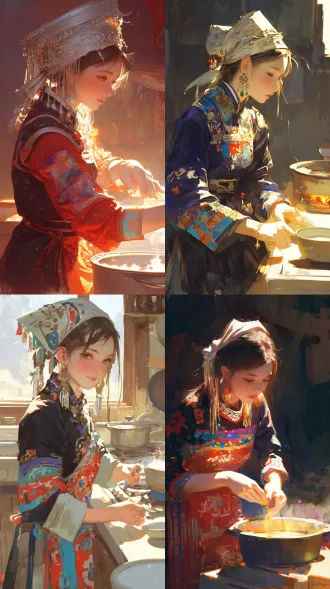 苗族姑娘半身像，插画风格，苗族服饰精美刺绣，银质头饰闪耀，专注擦拭灶台，温暖厨房背景，柔和自然光，细腻笔触，丰富色彩，民族元素，手部动作优雅，面部宁静祥和，传统与现代融合，高饱和度，装饰性细节，文化氛围浓厚。