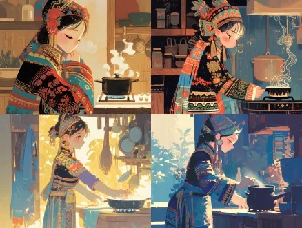 身穿苗族服饰的姑娘擦拭灶台，细致头饰，传统服饰图案，温暖厨房环境，木制家具，写实插画风格，矢量图形，高细节，柔光，侧面视角，专注表情，民族元素，细腻线条，鲜艳色彩，生活化场景，文化氛围，平衡构图，手部动作特写，民族风情，和谐色调。