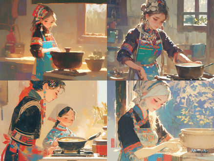 苗族姑娘擦拭灶台，精致苗族银头饰，传统服饰，写实插画风格，矢量风格，对称构图，厨房场景，柔和自然光，细腻纹理，暖色调，专注表情，民族元素，高细节，文化氛围，优雅动作，家居环境，手绘质感，中性背景，平静情感。