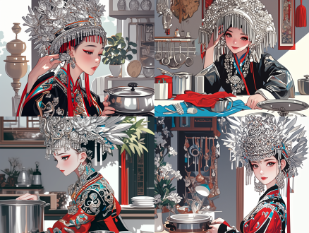 身穿苗族服饰的苗族姑娘擦拭灶台，写实插画风格，矢量风格，华贵银头饰，传统服饰细节，厨房环境，柔和自然光，专注表情，暖色调，高饱和度，精细线条，扁平化设计，民族元素，家居场景，侧视角度，静态动作，文化氛围，优雅沉静