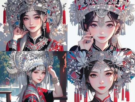 苗族姑娘半身像，身穿苗族传统服饰，华贵银头饰，擦拭灶台，写实插画风格，矢量风格，暖色调，柔和光线，细节丰富，民族元素，宁静氛围，微笑表情，高分辨率，精细线条，明亮色彩。