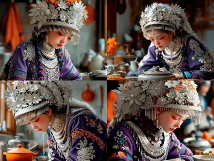 苗族姑娘身穿传统苗族服饰，头戴华丽银头饰，专注擦拭灶台，半身像，写实插画风格，矢量风格，高对比色彩，明亮光线，柔和阴影，正面视角，精致细节，民族特色，优雅动作，温暖色调，宁静氛围