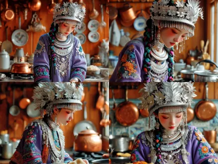 苗族姑娘身着精美刺绣服饰头戴繁复银饰擦拭灶台，中景构图，写实插画融合矢量风格，细腻线条，高饱和度色彩，柔和自然光，侧逆光，木质厨房背景，铜制炊具，民族纹样点缀，专注神情，宁静氛围，文化传承主题