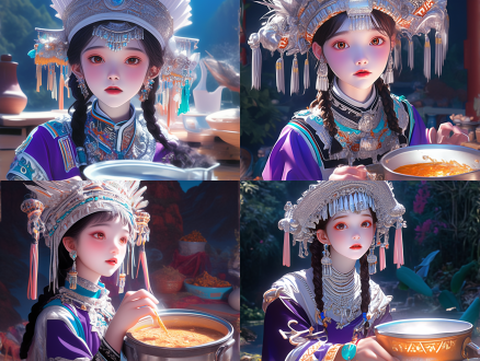 身穿苗族服饰的姑娘擦拭灶台，中景构图，写实插画融合矢量风格，华丽银饰细节精致，服饰色彩鲜艳，传统花纹，柔和自然光，侧光突出纹理，温暖厨房环境，木质灶台，专注表情，宁静氛围，高饱和度，精细线条，平面设计感，民族风情，生活化场景。