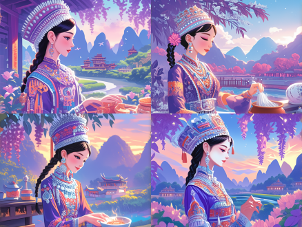 身着苗族服饰的姑娘头戴华丽银饰，擦拭灶台，中景构图，写实插画融合矢量风格，细腻线条，鲜艳色彩，民族图案，温暖光线，柔和阴影，侧光，家居环境，传统与现代结合，专注表情，优雅动作，银饰细节，高饱和度，平面感，精致刻画，民族风情