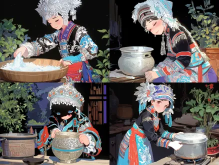 苗族姑娘擦拭灶台，中景构图，写实插画结合矢量风格，传统苗族服饰，华丽银饰头饰，柔和表情专注，木质厨房背景，暖光照射，细腻笔触，高饱和色彩，民族风情，宁静氛围