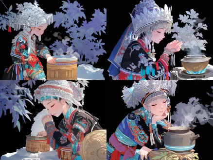 苗族姑娘身穿精美绣花苗族服饰，头戴华丽银头饰，擦拭灶台，中景，写实插画风格，矢量风格，暖色调，柔和光线，细节丰富，传统与现代结合，专注表情，民族风情，高分辨率，清晰线条，文化传承，细腻笔触，生活场景