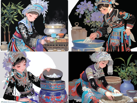 "苗族姑娘身着精美刺绣服饰，头戴繁复银饰，正在擦拭灶台，中景构图，矢量插画风格，高精度细节，柔和自然光，温馨居家氛围，写实与装饰结合，暖色调，民族风情，细腻笔触，优雅姿态，传统与现代融合。"