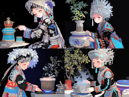 苗族姑娘擦灶台，中景，写实插画风格，矢量风格，苗族服饰，华贵银头饰，细腻纹理，柔和表情，专注动作，暖色调，室内光线，自然光，侧光，质朴环境，细节刻画，民族风情，扁平化设计，高饱和度，温馨氛围