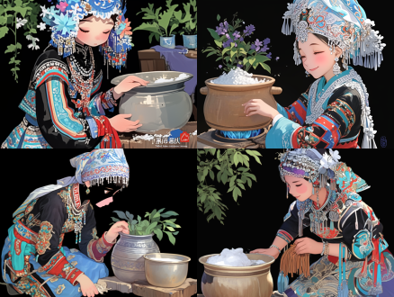 苗族姑娘擦拭灶台，中景构图，写实插画与矢量风格融合，精致苗族银饰与服饰细节，专注表情，暖色调，自然光，厨房环境，木纹灶台，柔和阴影，高细节，民族风情，生活气息，文化传承，宁静氛围