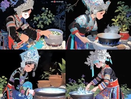 苗族姑娘擦灶台，中景，写实插画风格，矢量风格，苗族服饰，华丽银头饰，专注表情，柔和光线，暖色调，细节丰富，厨房环境，传统与现代融合，日常家务场景，生动自然，文化元素突出，高精度渲染