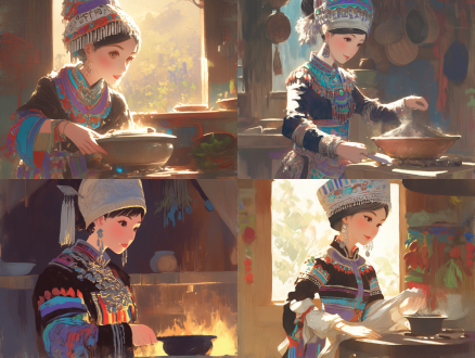 苗族姑娘擦拭灶台，中景构图，写实插画风格，矢量线条，苗族银饰细节精致，传统服饰色彩鲜艳，抹布与油污对比，柔和光线，侧光照射，厨房环境，木质灶台，专注表情，民族风情，暖色调，细腻笔触，生活场景，文化氛围