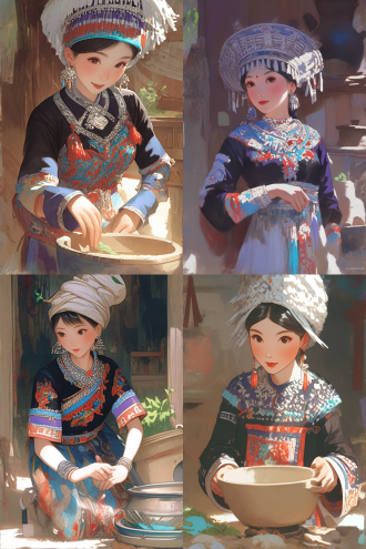 苗族姑娘擦拭灶台，传统服饰配华丽银饰，专注神情，中景构图，写实插画混合矢量风格，细节清晰，高饱和度，自然光，柔和阴影，厨房环境，木质纹理，温暖色调，生活气息，民族风情