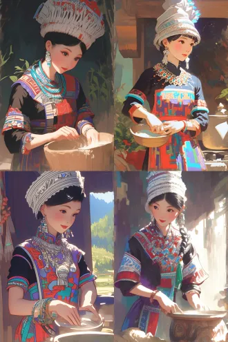 苗族姑娘擦灶台，传统服饰配华丽银饰，写实矢量风格，简洁线条，鲜艳色彩，厨房环境，侧光突出银饰反光，专注表情，劳动场景，高细节，平面设计感，文化元素，红绿主色调，温暖氛围，生活化构图