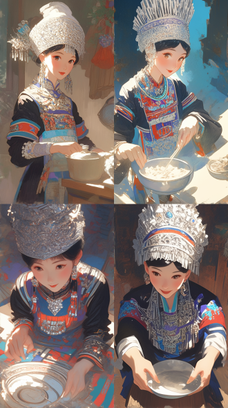 苗族姑娘擦灶台，全身苗族服饰，华贵银头饰，写实插画，矢量风格，厨房环境，暖光，柔和阴影，俯视角度，细节丰富，民族元素，传统与现代结合，专注表情，动作自然，色彩鲜艳，对比鲜明，手绘质感，整洁背景。