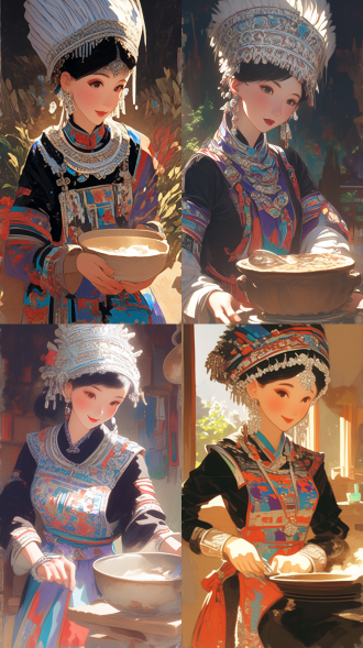 苗族姑娘擦灶台，苗族服饰华丽，银头饰精致，专注表情，写实矢量风格，暖色调，室内光，细节丰富，柔和阴影，高饱和度，侧光，生活化场景，古朴木质灶台，民族元素，细腻笔触，民族风情，双手动作，整洁感，传统文化，现代插画感