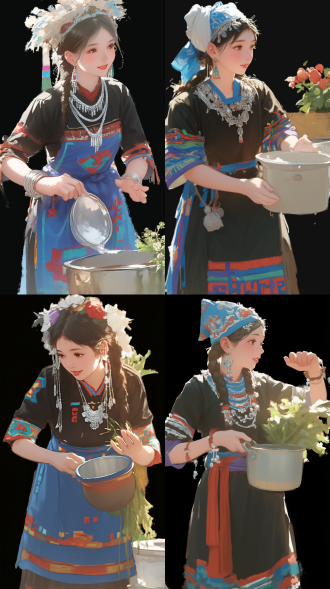 苗族姑娘擦拭灶台，写实插画风格，华美苗族银饰，传统服饰细节，厨房场景，柔和暖光，矢量扁平化设计，高饱和度色彩，近距离特写，专注表情，细腻笔触，民族风情，生活气息，静止动作，侧顶光，几何装饰图案，简洁背景，文化元素。